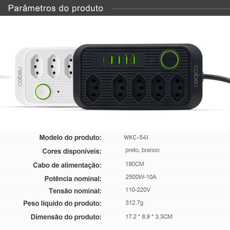 Mega Extensão Elétrica Tomada USB, Tensão de 110-220V