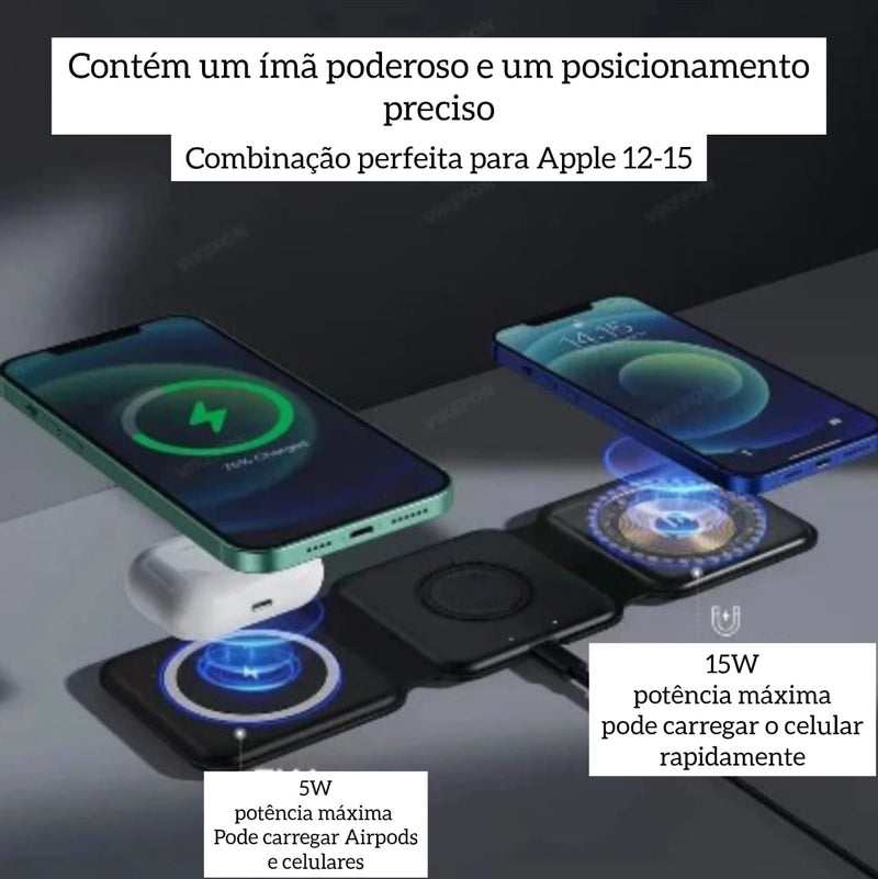 Suporte magnético 3 em 1 para carregador sem fio, carregador rápido dobrável para Iphones, celulares, apple watch e airpods